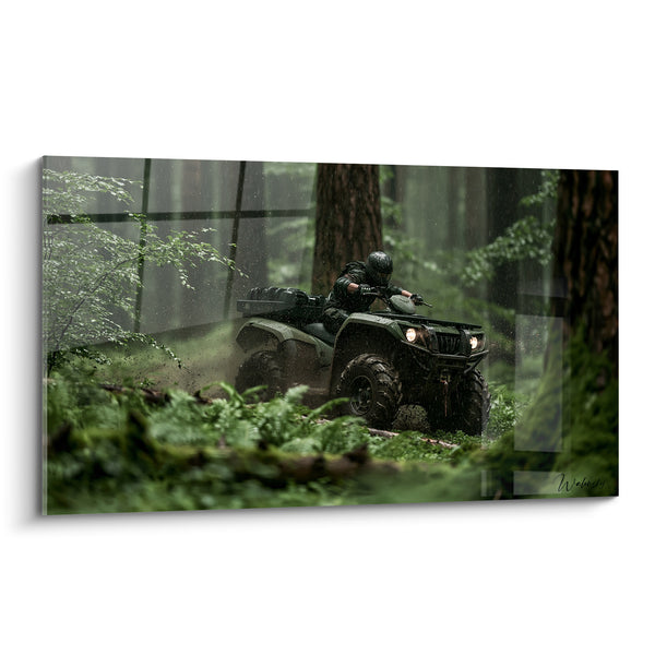 Tableau Quad vert et noir sous une pluie battante en forêt - Fougères en premier plan - Edition Quad