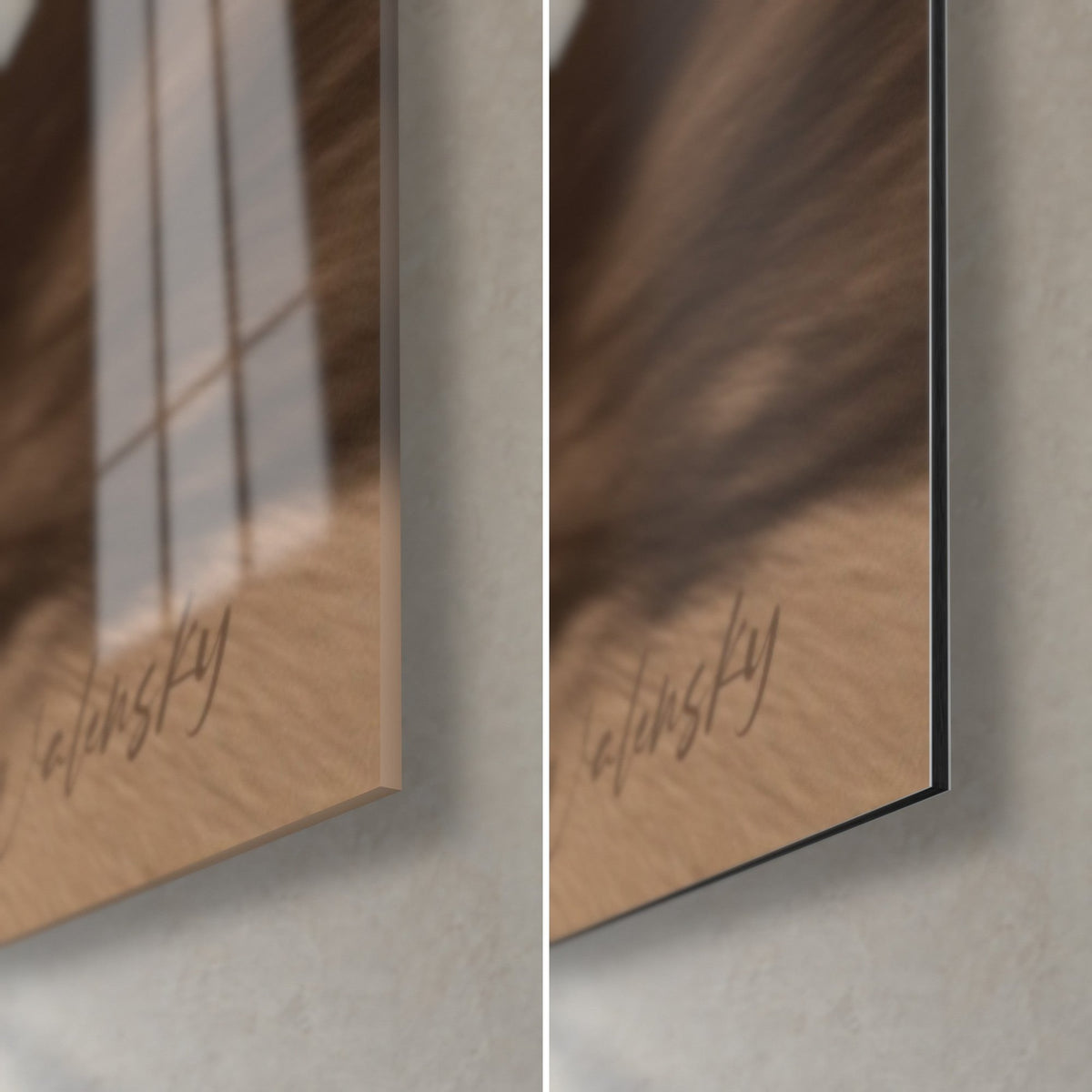 Wall art red quad bike in a spray of sand, bottom right corner: glossy glass with reflections, matte black Dibond, 3 mm edge