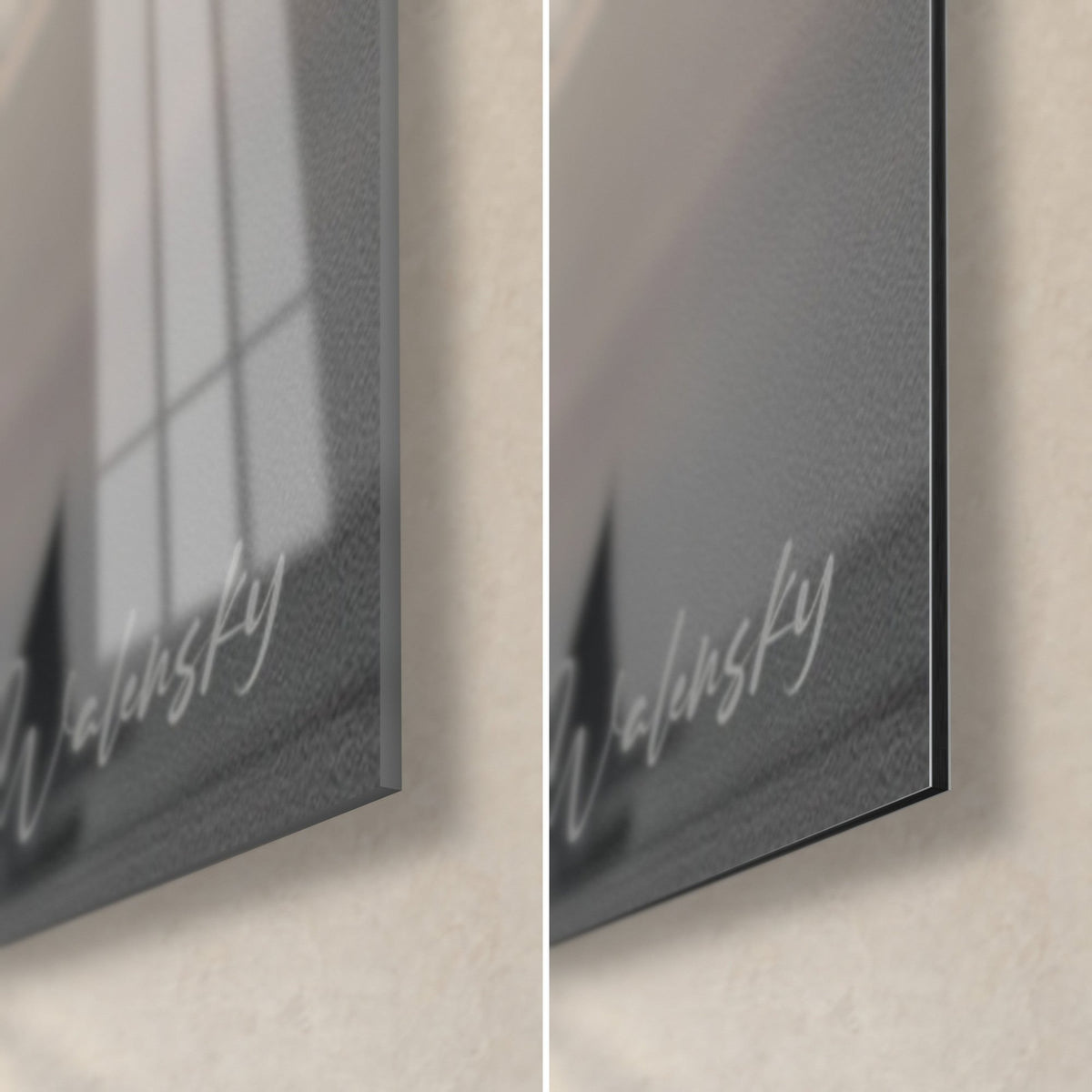 Wall art black and grey quad, bottom right corner: glossy acrylic glass on the left, matte Dibond aluminium on the right, 3 mm edge and signature