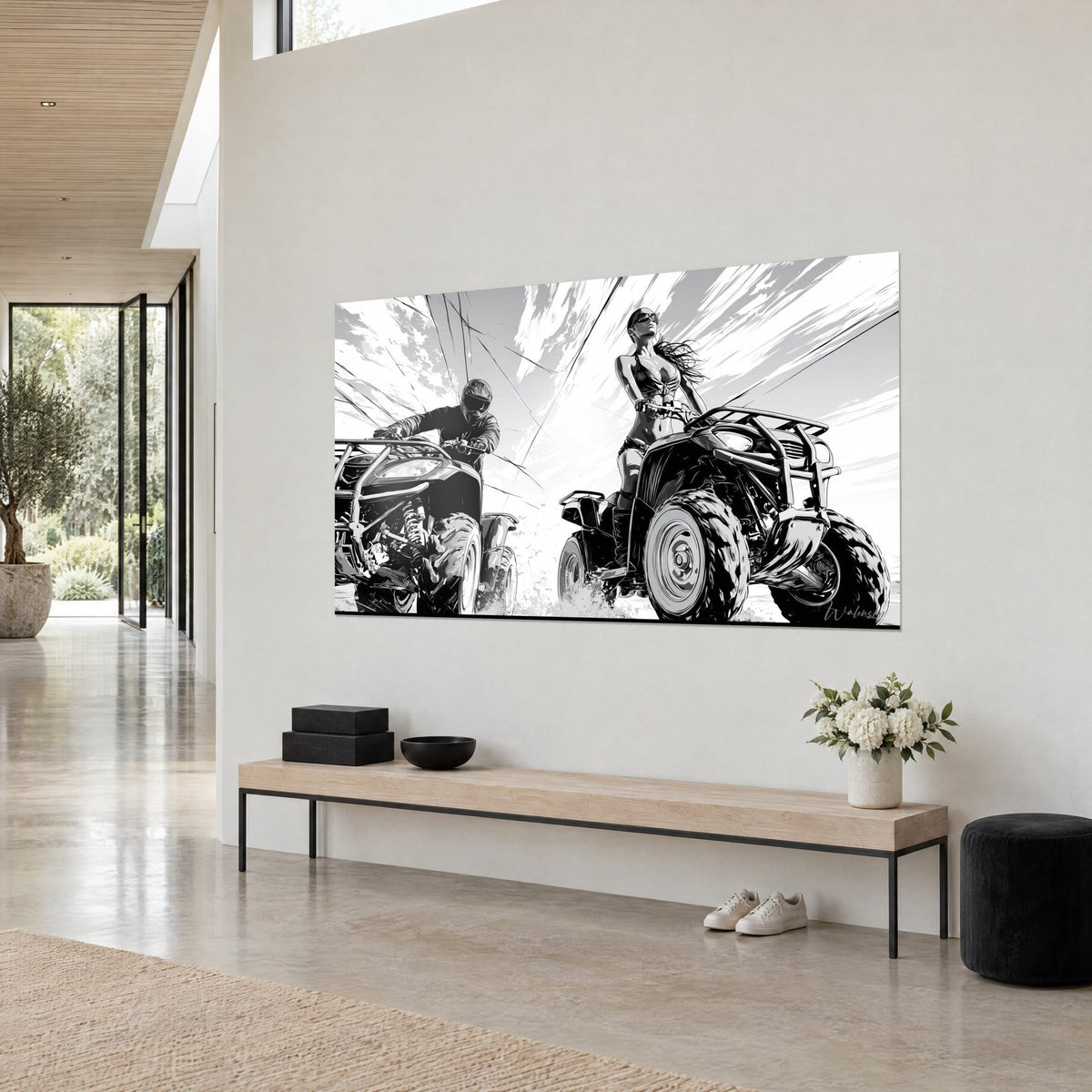Wall art pair of graphic off-road vehicles, white splashes and black ink strokes on a clear sky, three-quarter view, beige wall