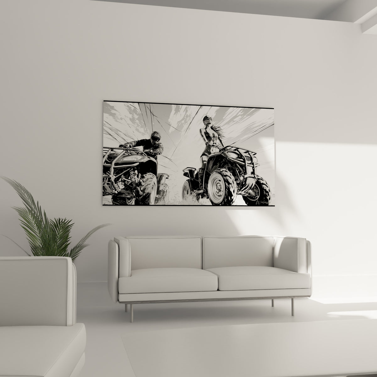 Scène graphique de quads noir et gris capturant la vitesse, suspendue au-dessus d'un canapé dans un salon lumineux