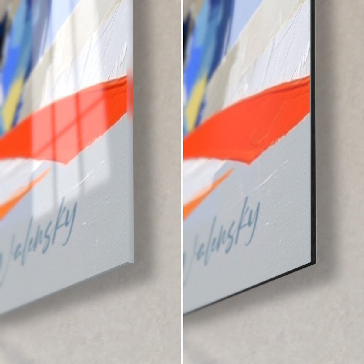 Wall art quad painted with palette knife, lower right corner: orange stripe on pale grey, glossy glass on the left, matte black Dibond on the right