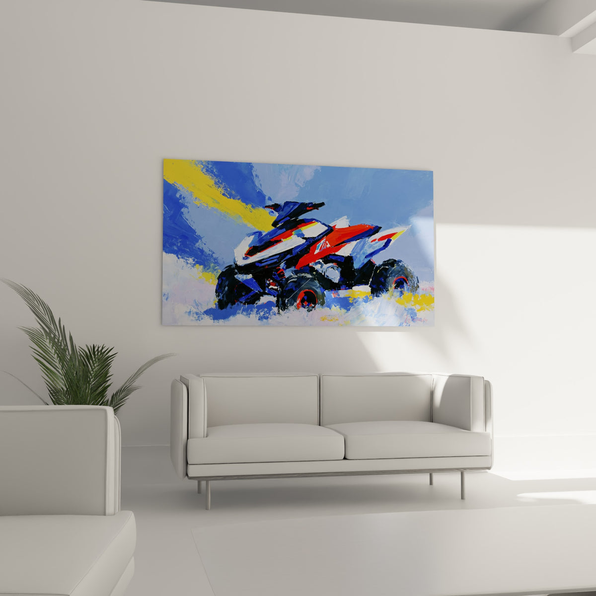 Véhicule quad blanc et fauve sur fond bleu vif, disposé au-dessus d'un canapé dans un salon lumineux