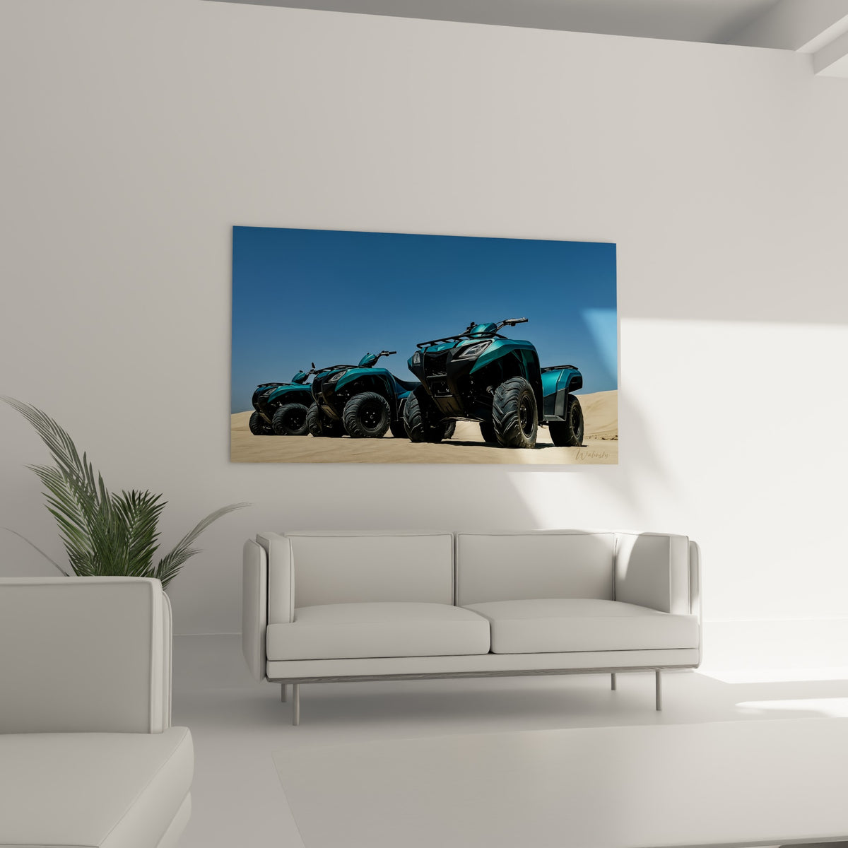 Véhicules tout-terrain turquoise et beige sable, affichés au-dessus d'un canapé dans un salon lumineux