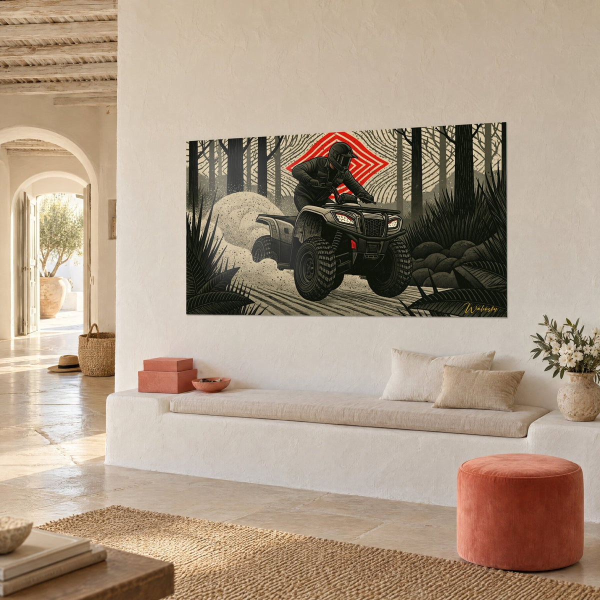 Wall art off-road vehicle rearing up in a beige cloud of sand, grey forest and red diamond, white bench in an alcove
