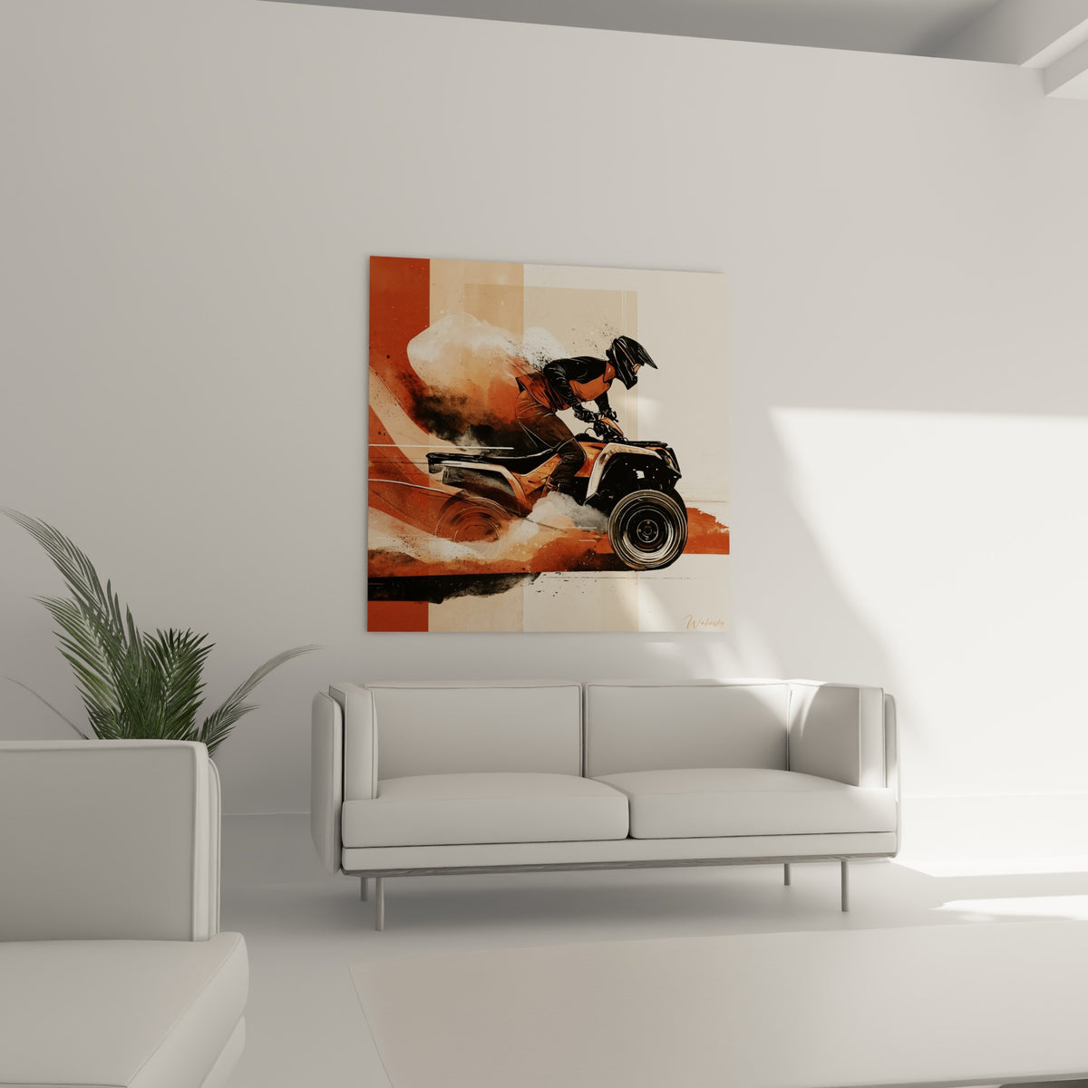Silhouette du pilote de quad noir et ocre en mouvement, au-dessus d'un canapé dans un salon lumineux