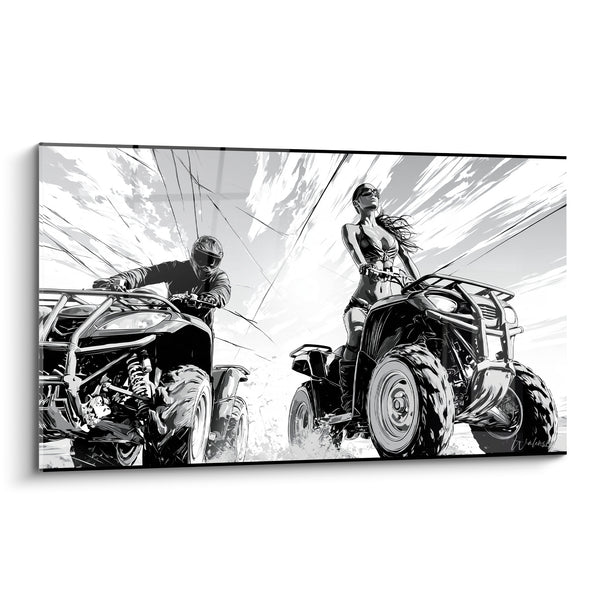 Tableau Quad noir et blanc sous ciel fracturé - Pilote debout aux lunettes - Edition Quad
