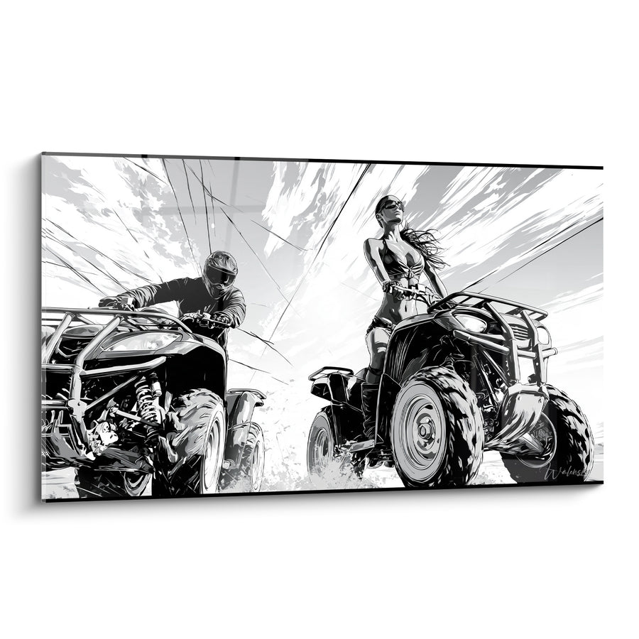 Tableau Quad noir et blanc sous ciel fracturé - Pilote debout aux lunettes - Edition Quad