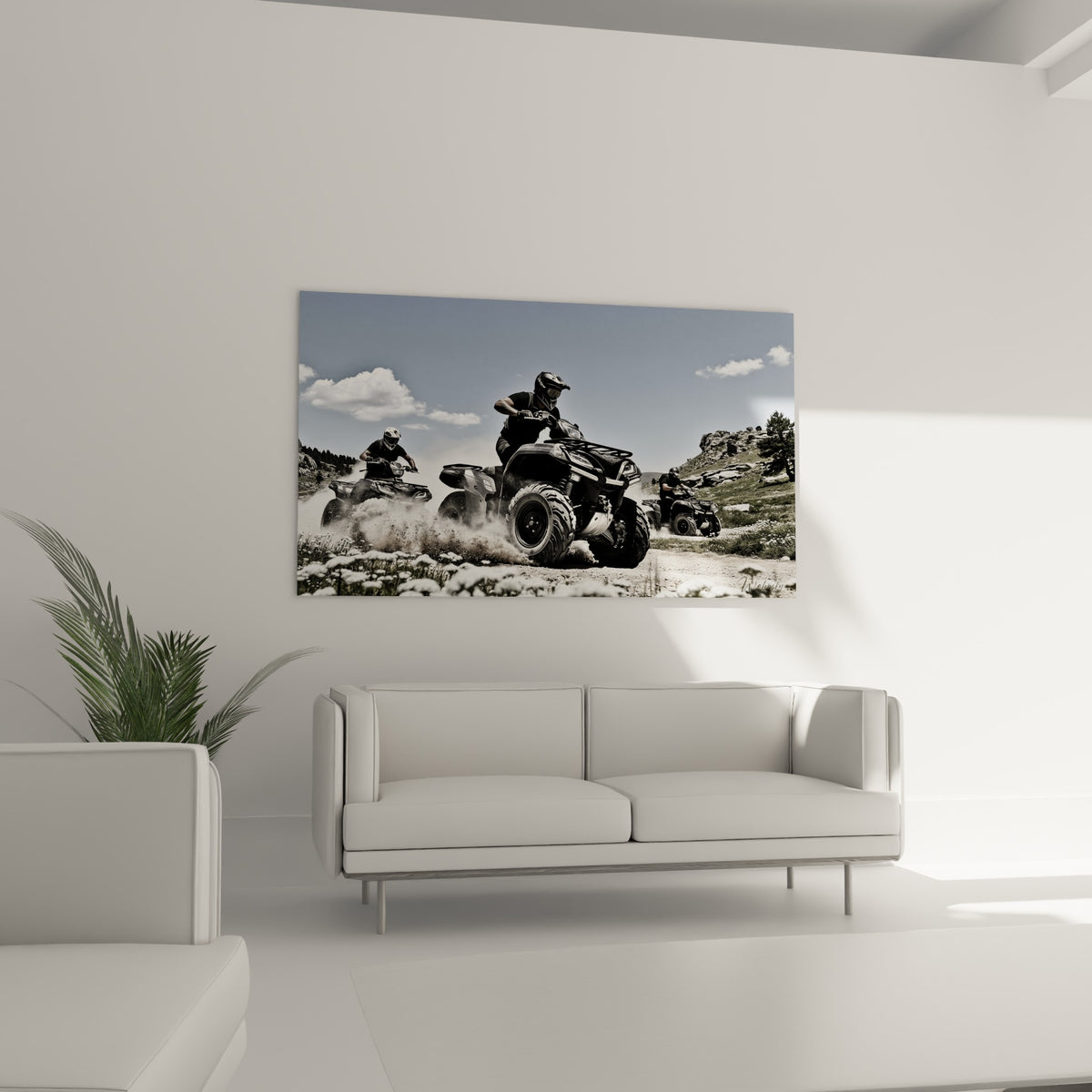 Course de quads noirs dans la poussière blanche, au-dessus d'un canapé dans un salon lumineux