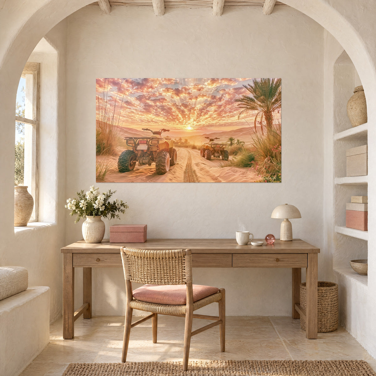 Wall art Saharan oasis at sunset, brown grasses and pink flowers at the edge, golden quad bikes, on a white plastered office wall