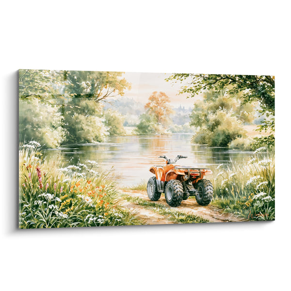 Tableau Quatre-roues orange au bord d'une rivière - Halte champêtre - Edition Quad