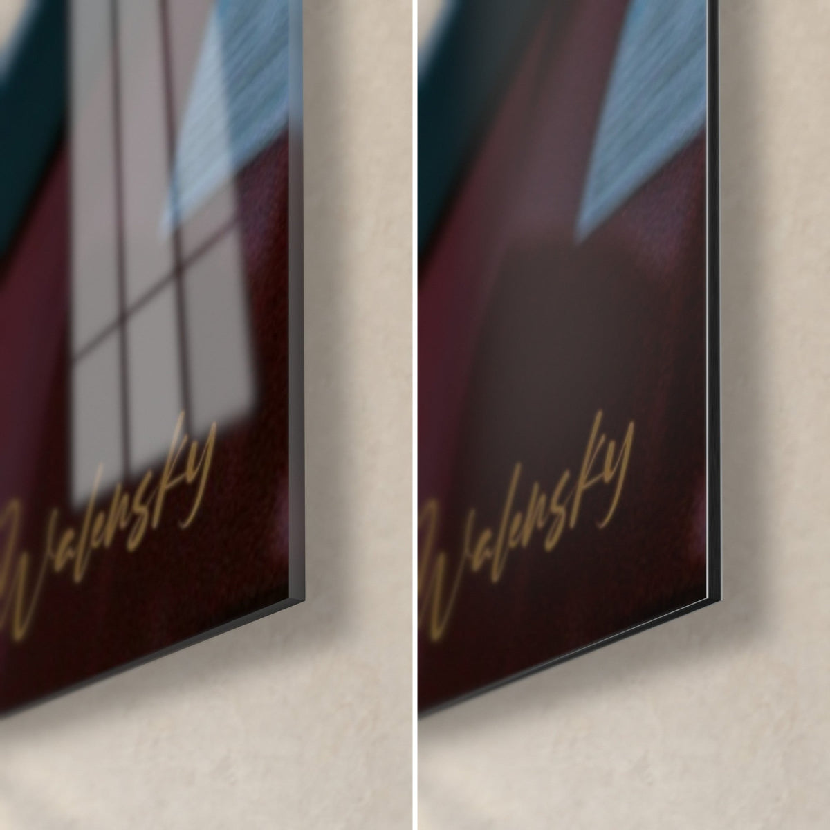 Wall art of a glossy red quad bike, bottom right corner: gold Walensky signature on acrylic glass on the left and matte black Dibond on the right