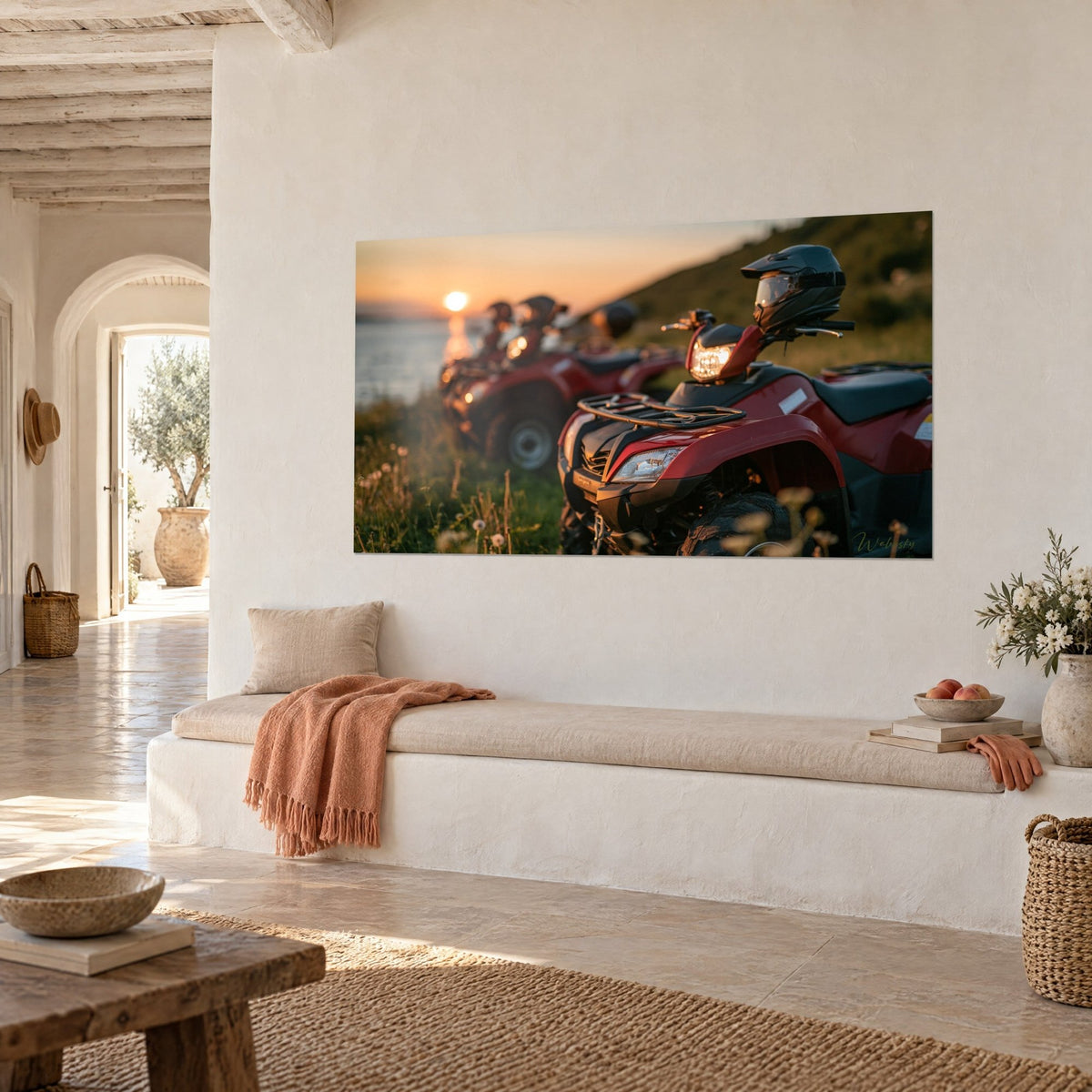 Wall art of a dark red mountain bike in flowering grass, apricot and deep green sky, seen at an angle, above a white bench seat