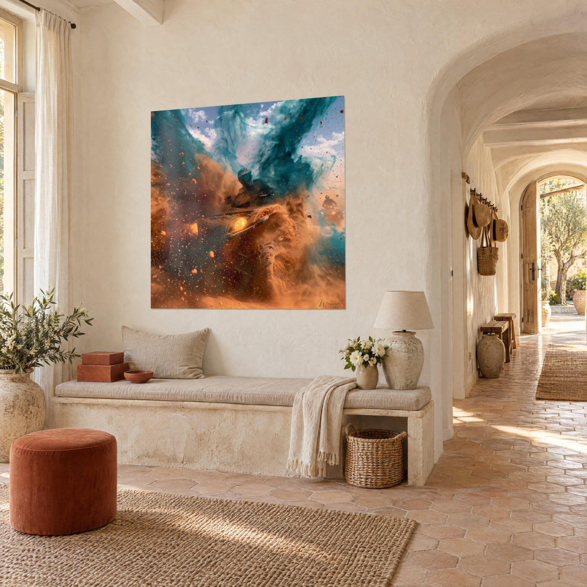 Wall art of a helmeted pilot tearing through sprays of copper dust, teal swirls, cream wall of a vaulted hallway