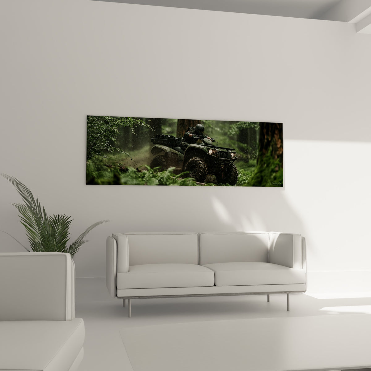 Véhicule tout-terrain anthracite éclaboussant la boue entre fougères émeraude, au-dessus d'un canapé dans un salon lumineux