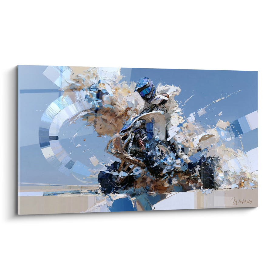 Tableau Pilote bleu et blanc dans une explosion picturale - Casque miroité réfléchissant - Edition Quad