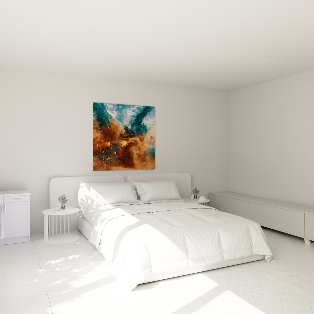 Pilote de quad casqué traversant un nuage terracotta et bleu pétrole, accroché au-dessus d'un lit dans une chambre claire