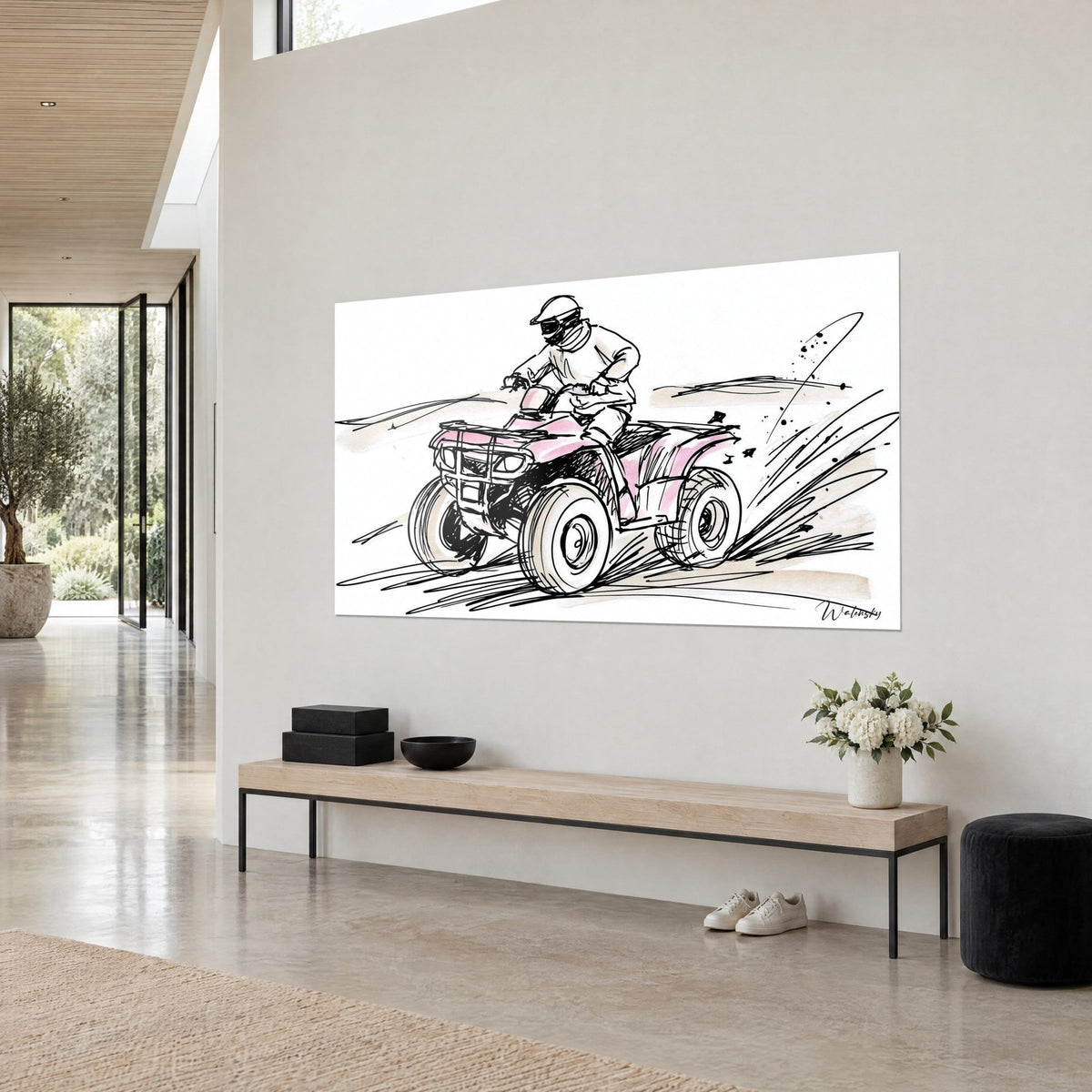 Wall art of a powder-pink off-road vehicle kicking up beige sand plumes, three-quarter view on a white wall