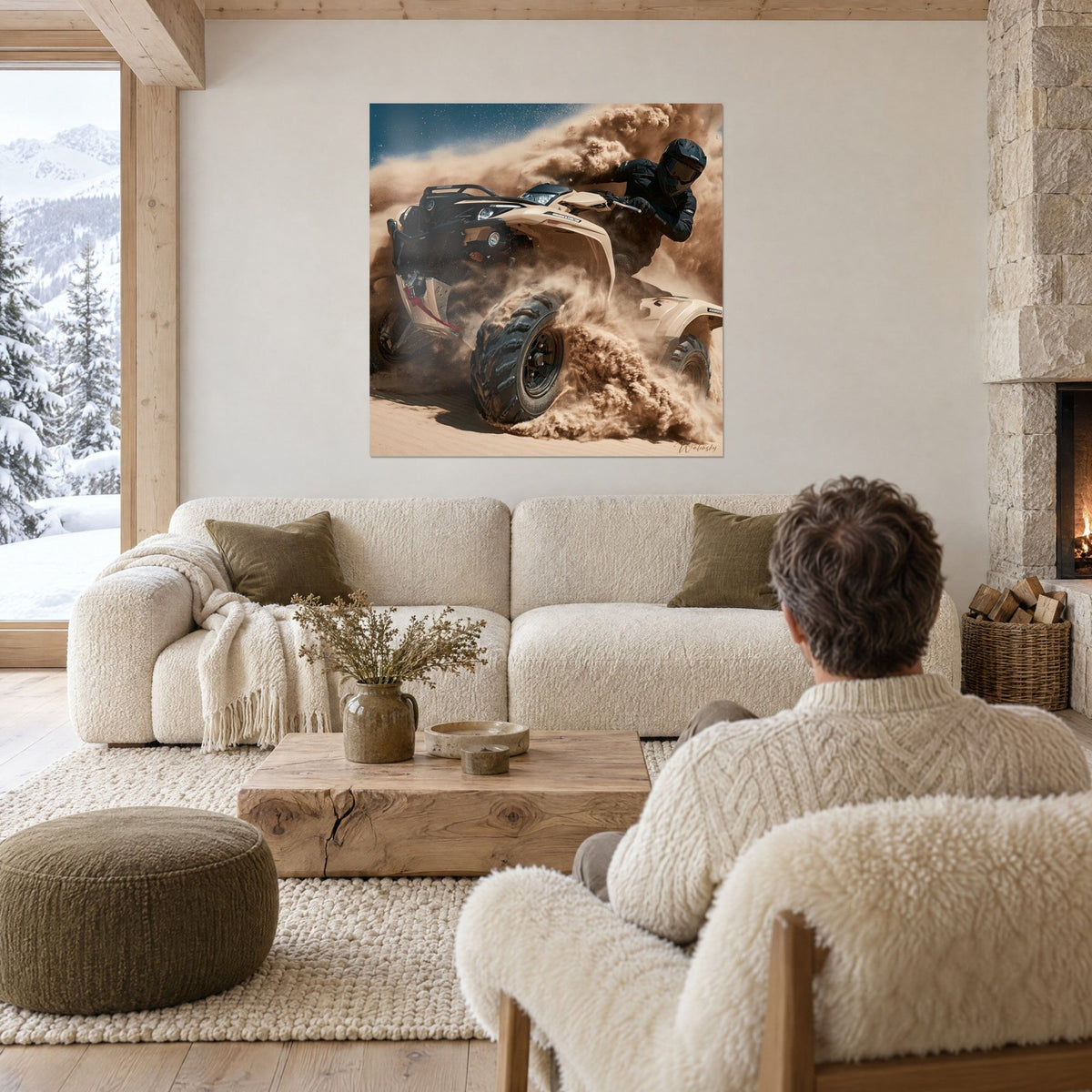 Wall art beige quad sliding through a cloud of ochre sand, helmeted black rider, blue sky, above a sofa in a bright living room