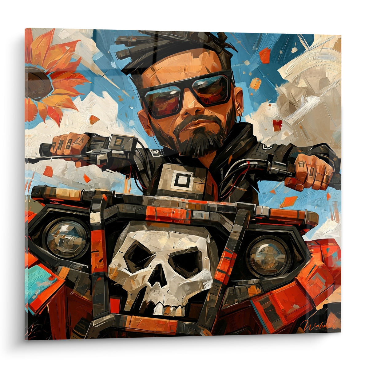 Pilote barbu en lunettes de soleil sur quad orange fauve et tête de mort blanche, style peint expressif