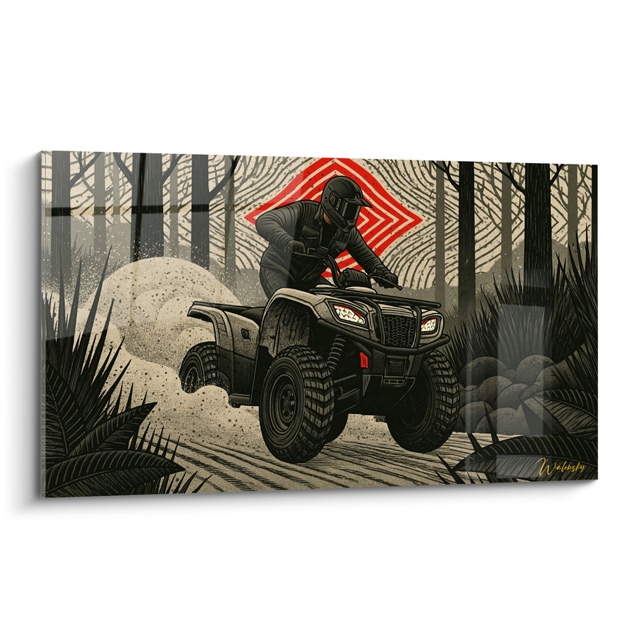 Tableau Quad noir et gris devant losange rouge - Motif géométrique en arrière-plan - Edition Quad