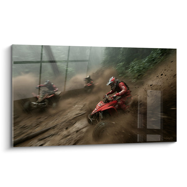 Tableau Pilotes rouge et noir sous la pluie battante - Trio en forêt - Edition Quad