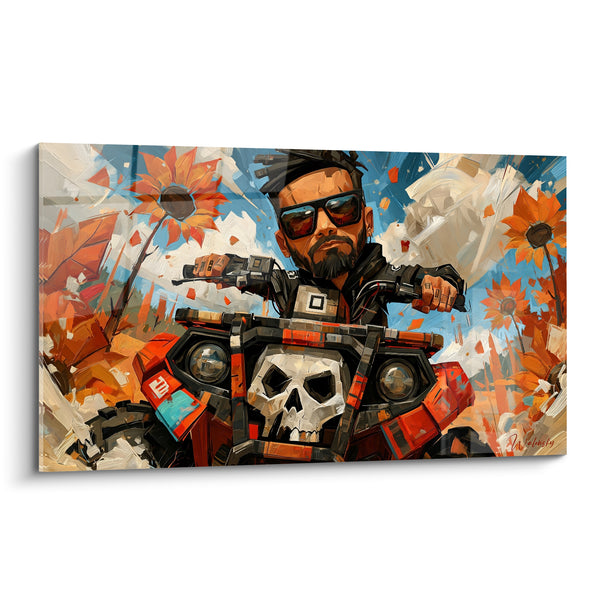 Tableau Crâne blanc et noir orné de tournesols orange - Pilote lunettes de soleil - Edition Quad