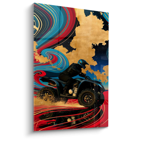 Tableau Quad noir sur tourbillons dorés et turquoise - Reflet doré au sol - Edition Quad