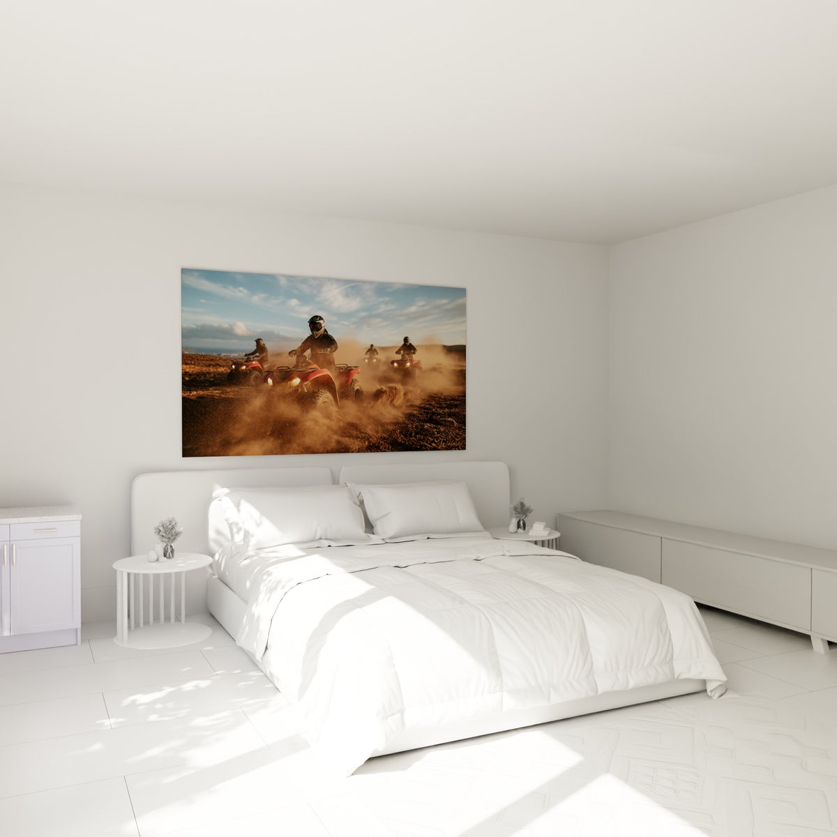 Pilotes de quad rouge dans un nuage terracotta, au-dessus d'un lit dans une chambre claire