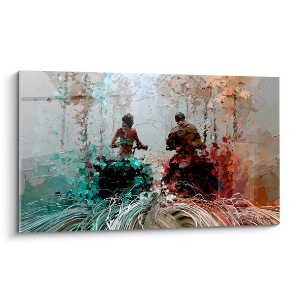 Tableau Deux pilotes turquoise et terracotta en forêt - Course en forêt - Edition Quad