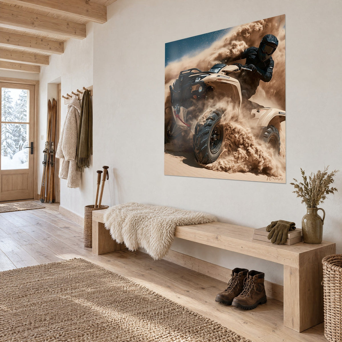 Wall art cream off-road vehicle carving through the dune, spray of brown dust and black knobby tyre, in the entrance hall of a chalet