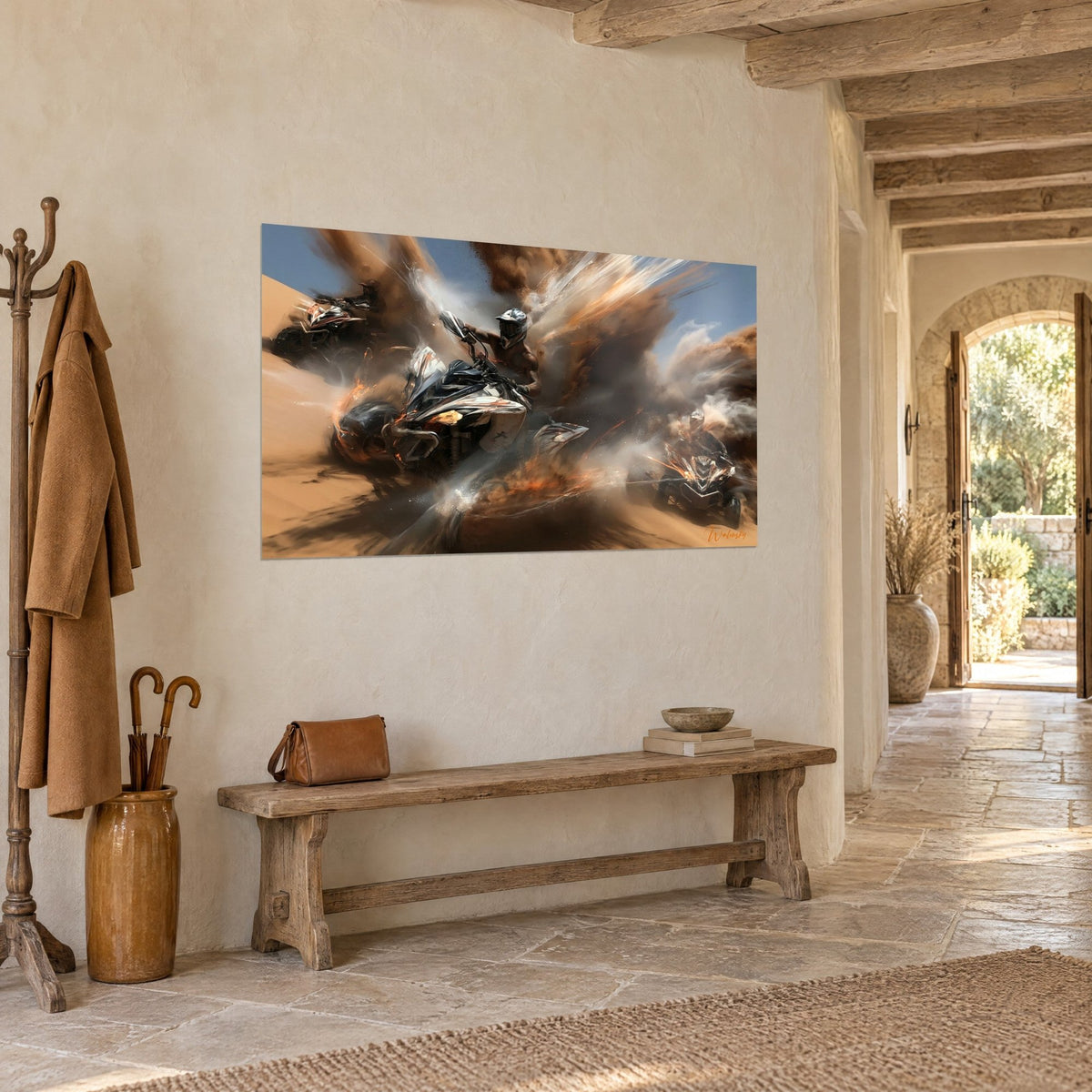Tableau quad fonçant à travers un nuage de poussière brune sous un ciel bleu, flammes orange, mur en pierre d'une maison de campagne