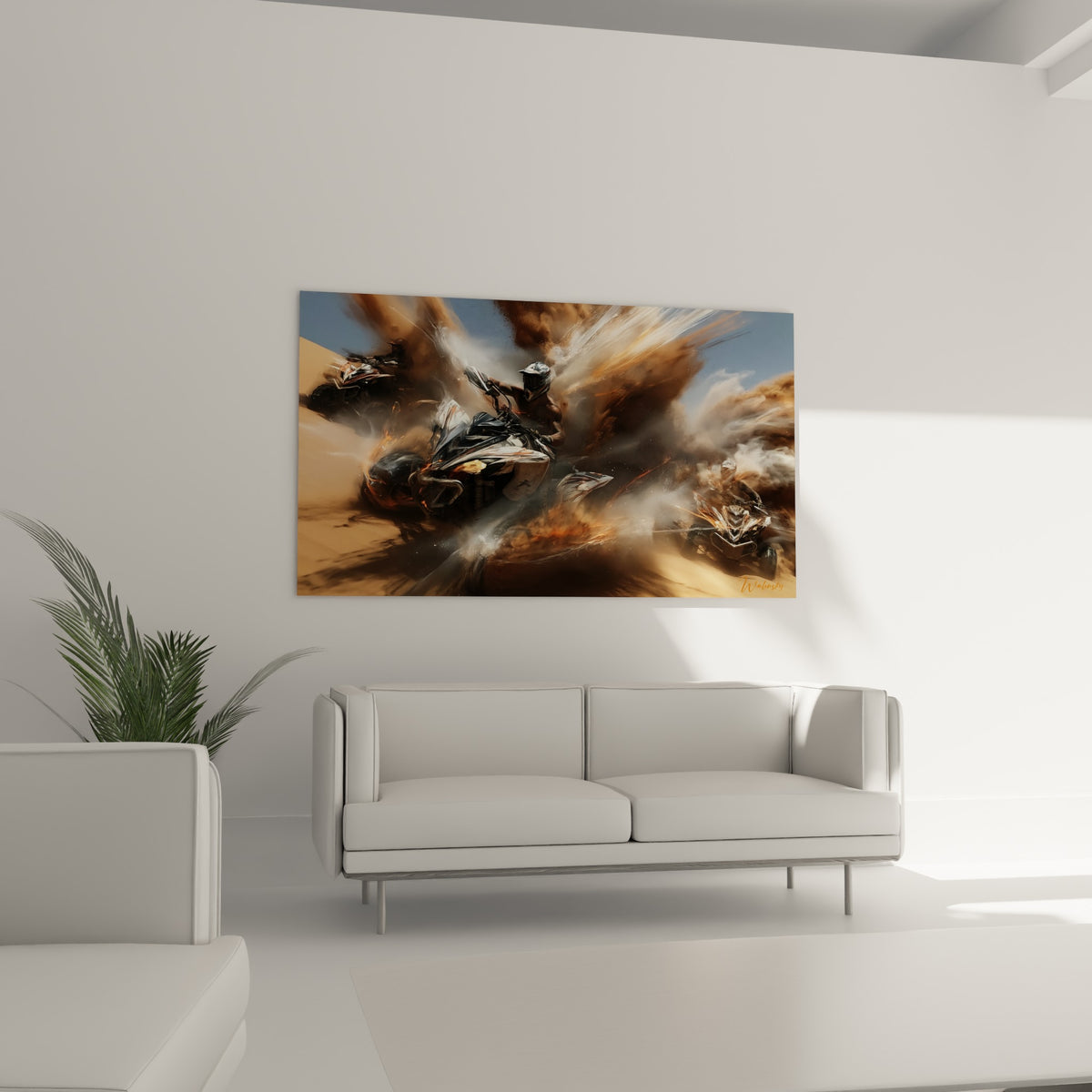 Course de quad dans la poussière ocre et bleu ciel, affichée au-dessus d'un canapé dans un salon lumineux