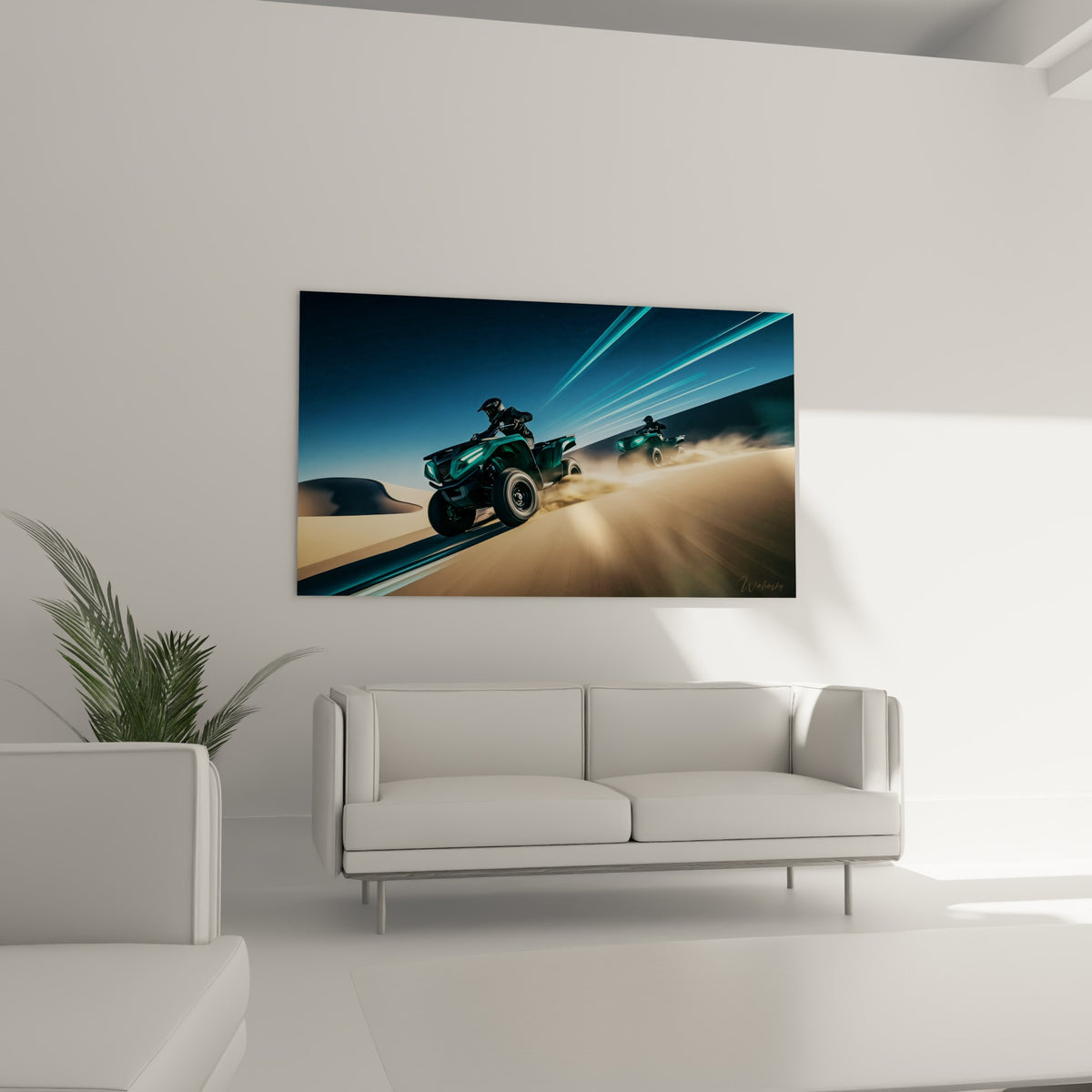 Deux quads noirs et turquoise soulevant la poussière dorée au-dessus d'un canapé dans un salon lumineux