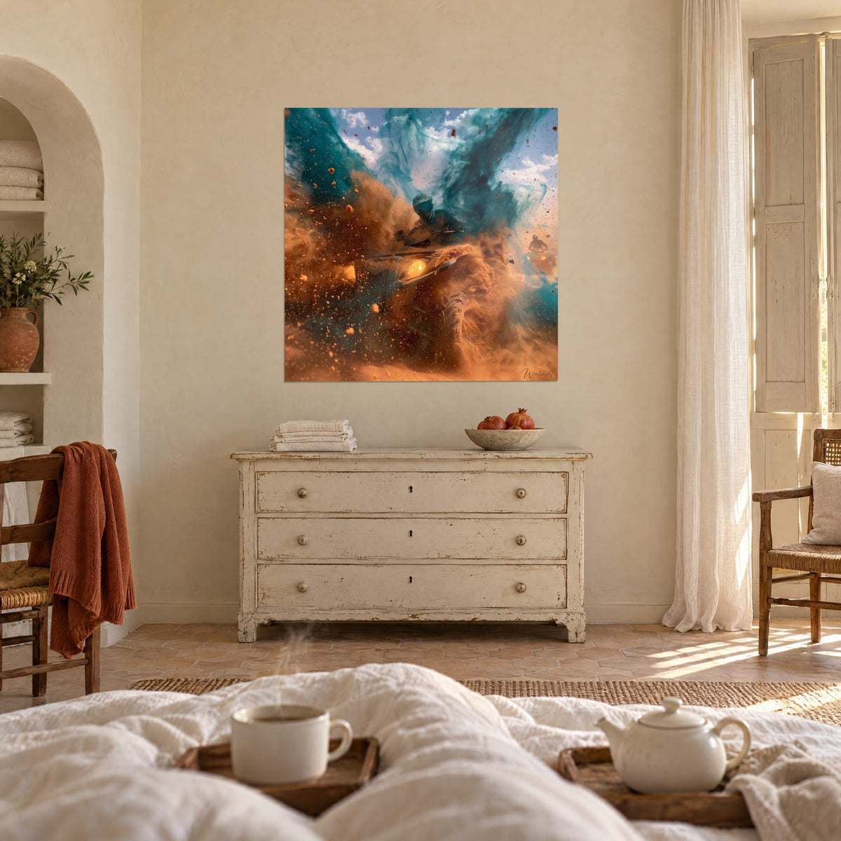 Wall art of a quad bike in a full slide amid a gust of russet sand and a duck-blue plume of smoke, hung above a bed in a light bedroom