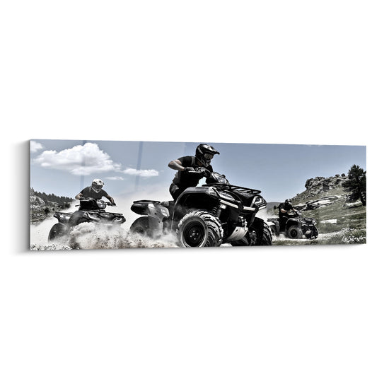 Tableau Trois quads noirs et blancs sur crête rocheuse - Terrain montagneux désaturé - Edition Quad