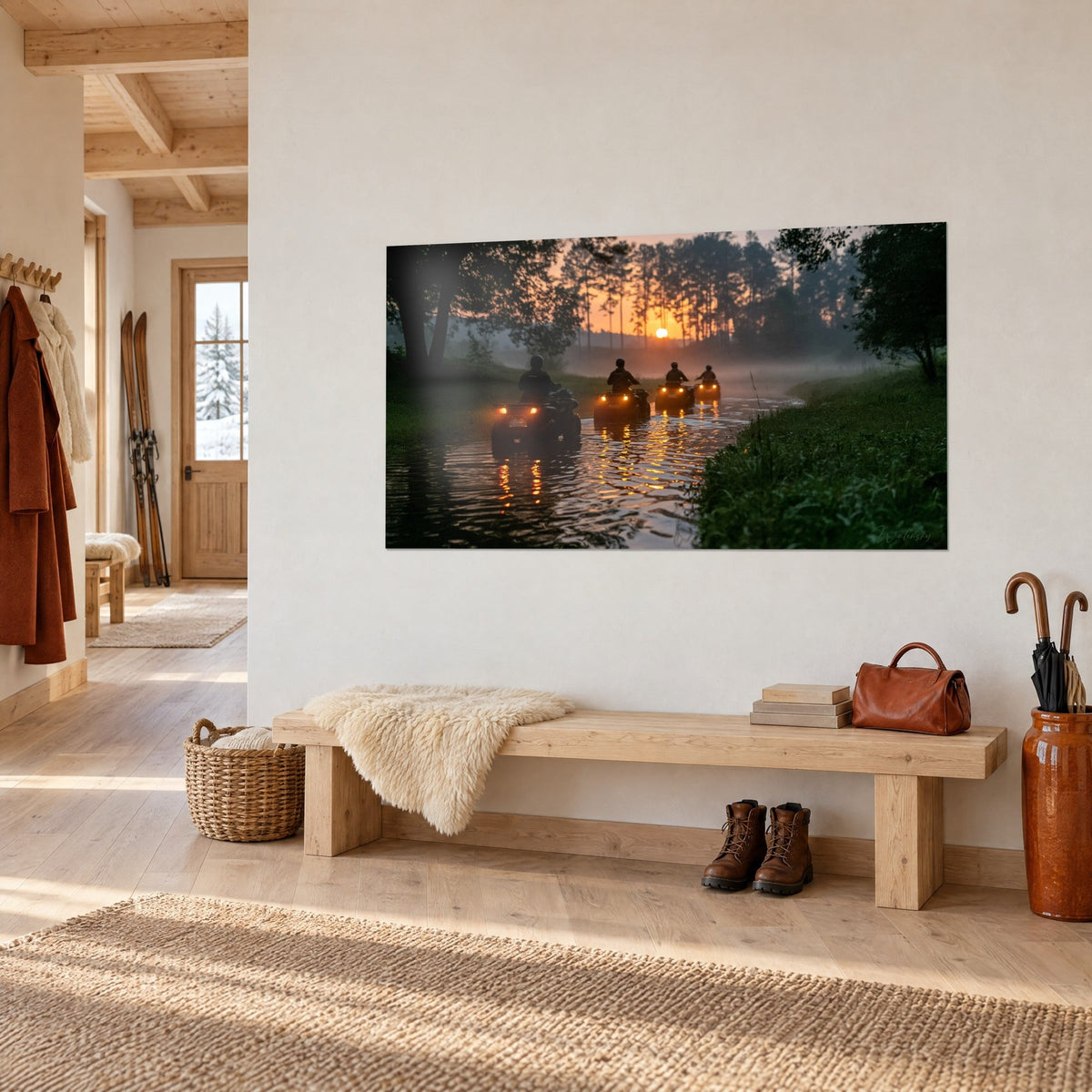 Wall art dawn on a river: four vehicles with amber headlights, golden reflections on the water, green grass, above an entryway bench