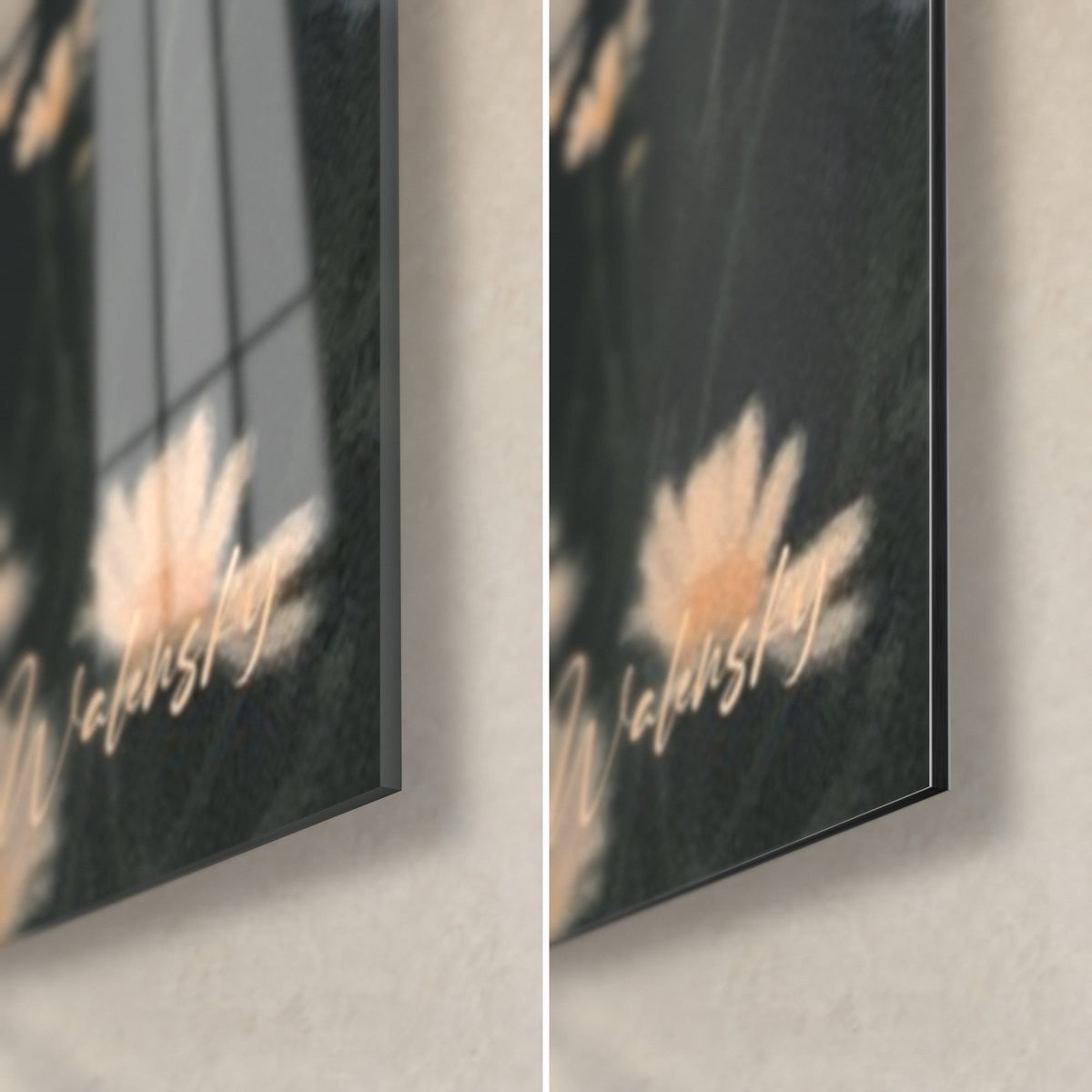 Wall art contemplative boy and peach daisy in close-up, bottom right corner: glossy glass on the left, matte Dibond on the right, 3 mm edge