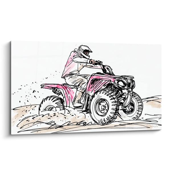 Tableau Pilote rose et beige sur piste poussiéreuse - Envol de poussière - Edition Quad