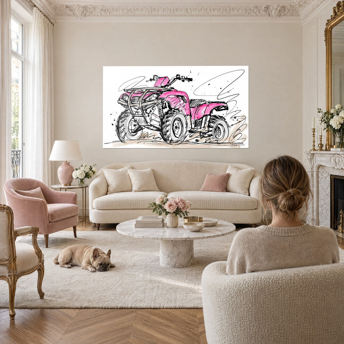 Tableau quad rose fuchsia lancé dans la boue, traits d'encre noire nerveux, au-dessus d'un canapé dans un salon lumineux