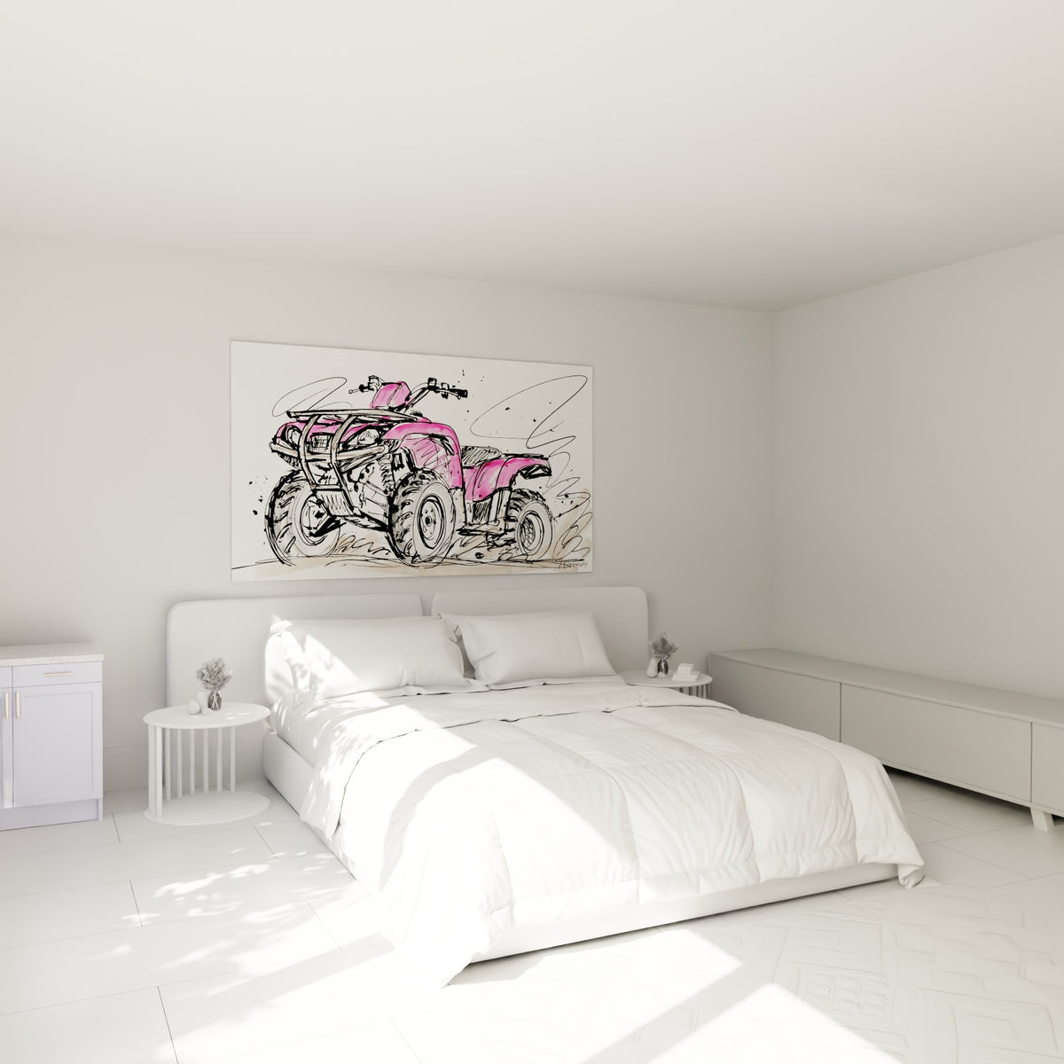 Quad rose vibrant tracé au trait nerveux, accroché au-dessus d'un lit dans une chambre claire et épurée
