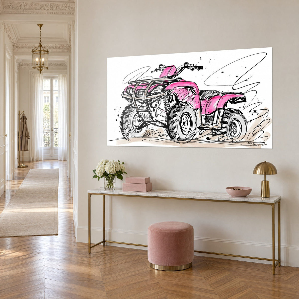 Tableau véhicule tout-terrain esquissé, carrosserie magenta et pneus crantés gris, sur un mur beige d'entrée haussmannienne