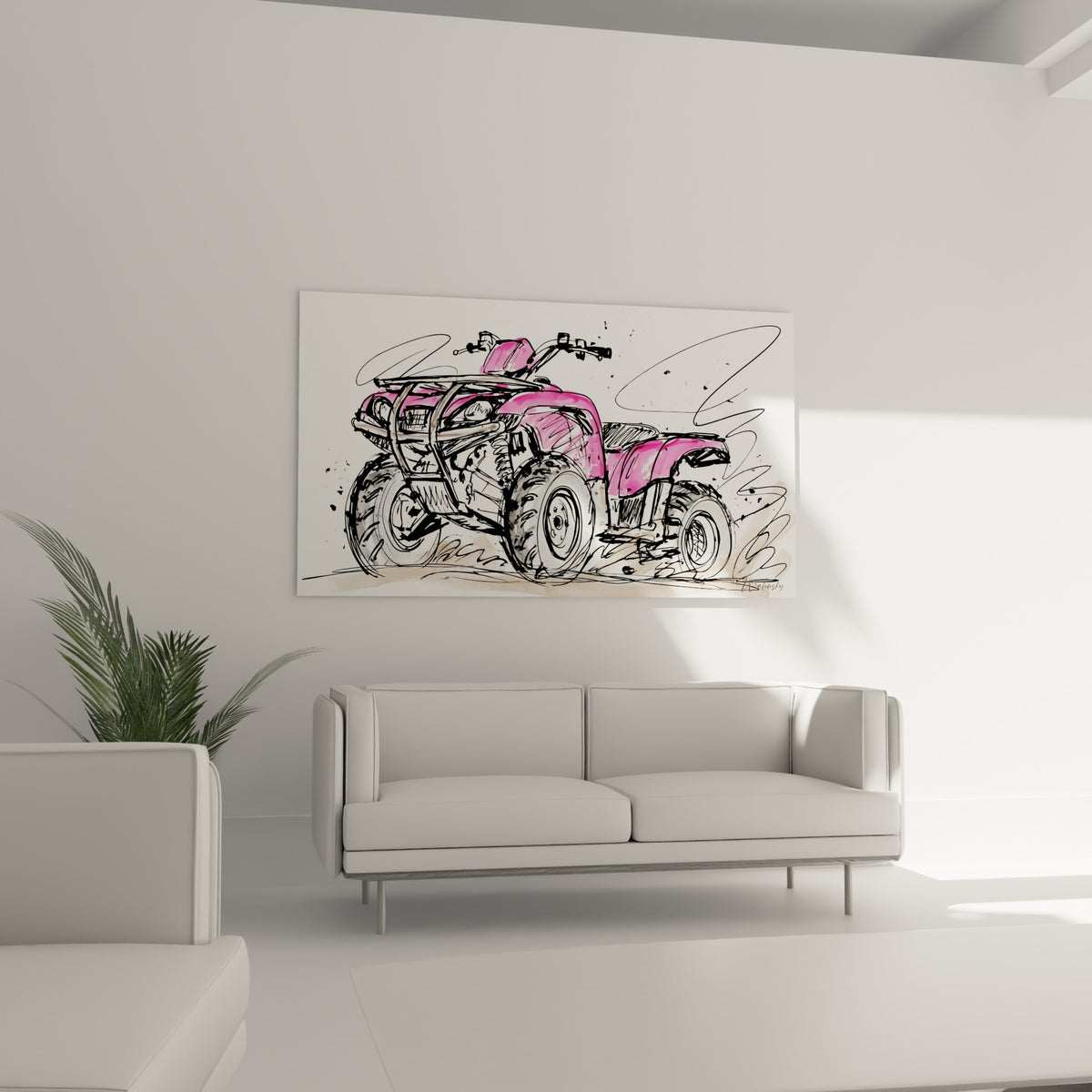Véhicule tout-terrain rose et noir en style croquis, suspendu au-dessus d'un canapé dans un salon lumineux