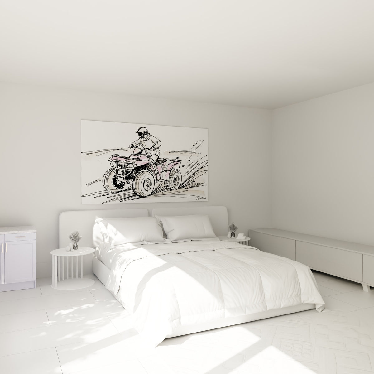 Quad rose pastel projetant de la poussière beige, accroché au-dessus d'un lit dans une chambre claire