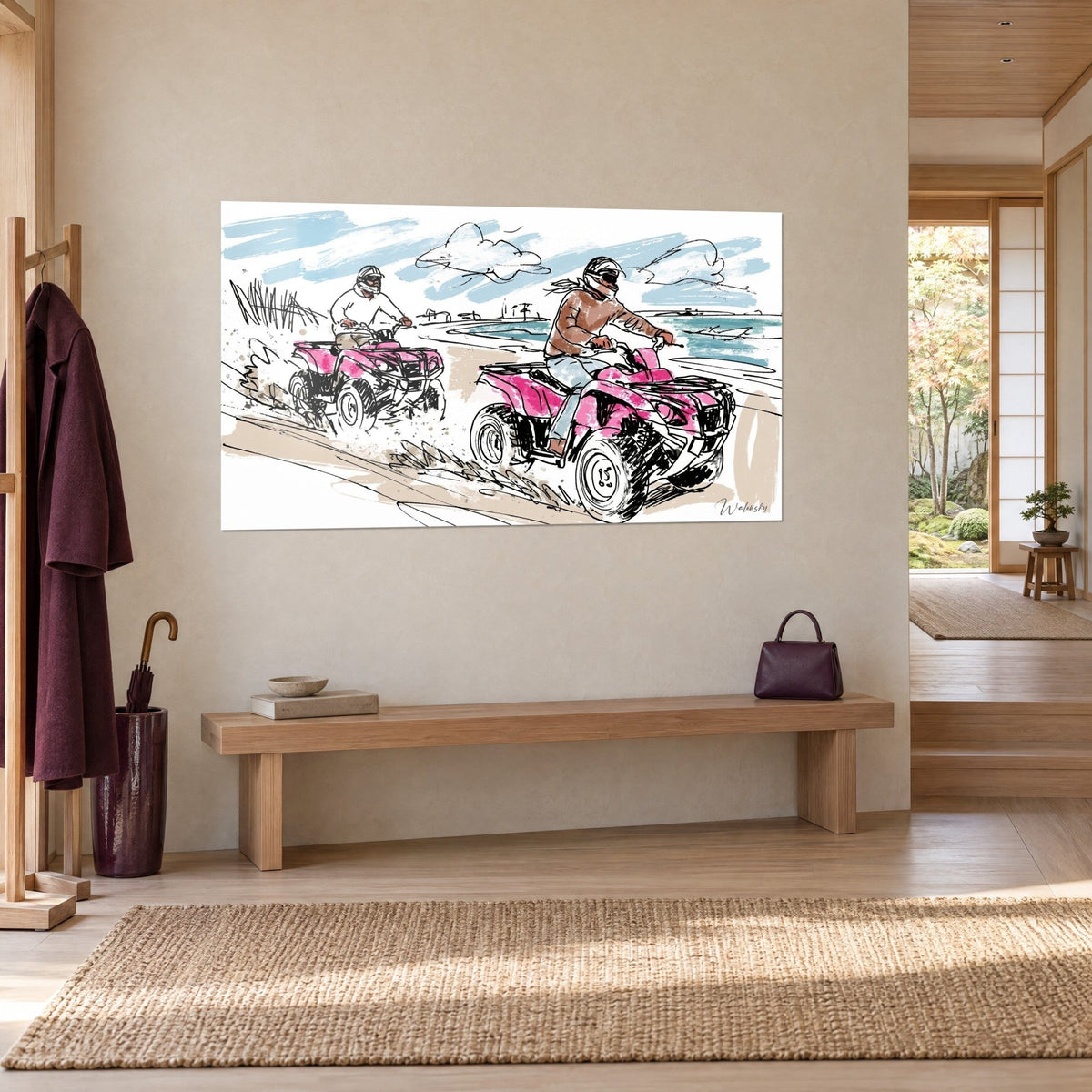Wall art of two fuchsia quad bikes kicking up beige sand sprays, black ink strokes, three-quarter view in a Japandi hallway