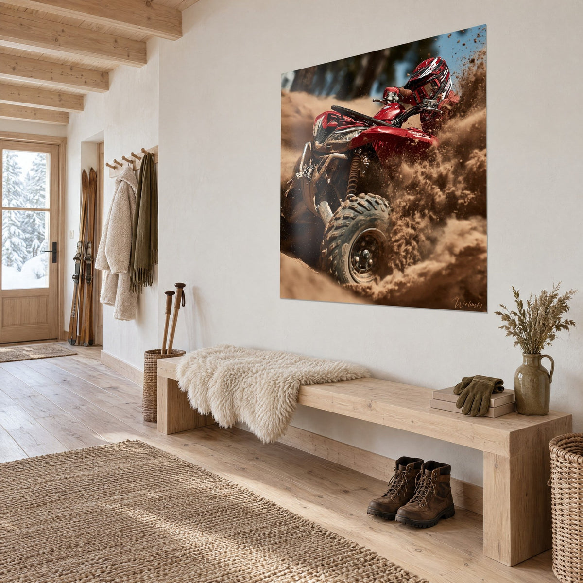 Tableau engin tout-terrain écarlate dérapant, gerbes de terre brune, ressort chromé, dans une entrée en bois de chalet
