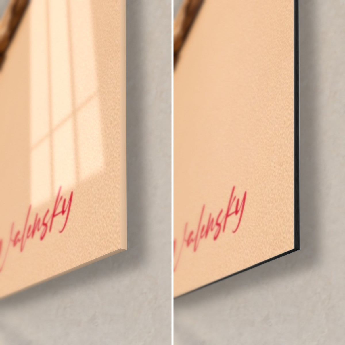 Wall art quad rider with a silver body, bottom right corner, red signature, glossy glass and matte Dibond, 3 mm edge