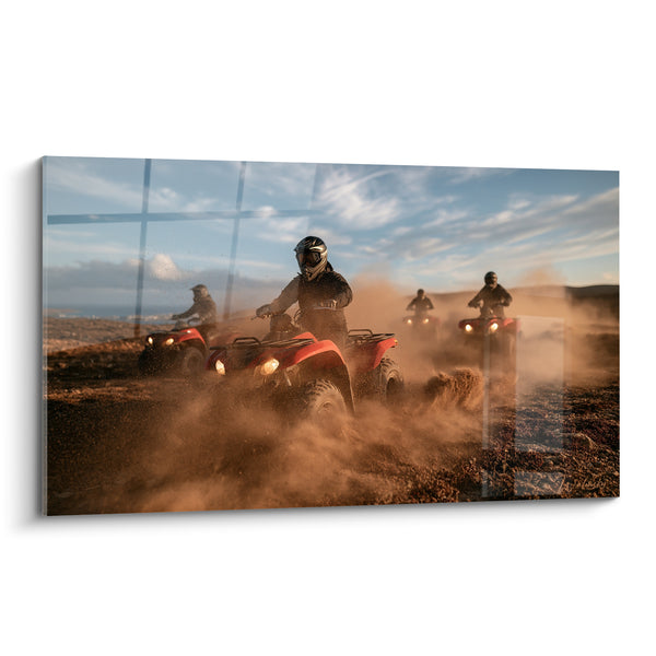 Tableau Quatre pilotes rouges et noirs phares allumés - Convoi tout-terrain côtier - Edition Quad