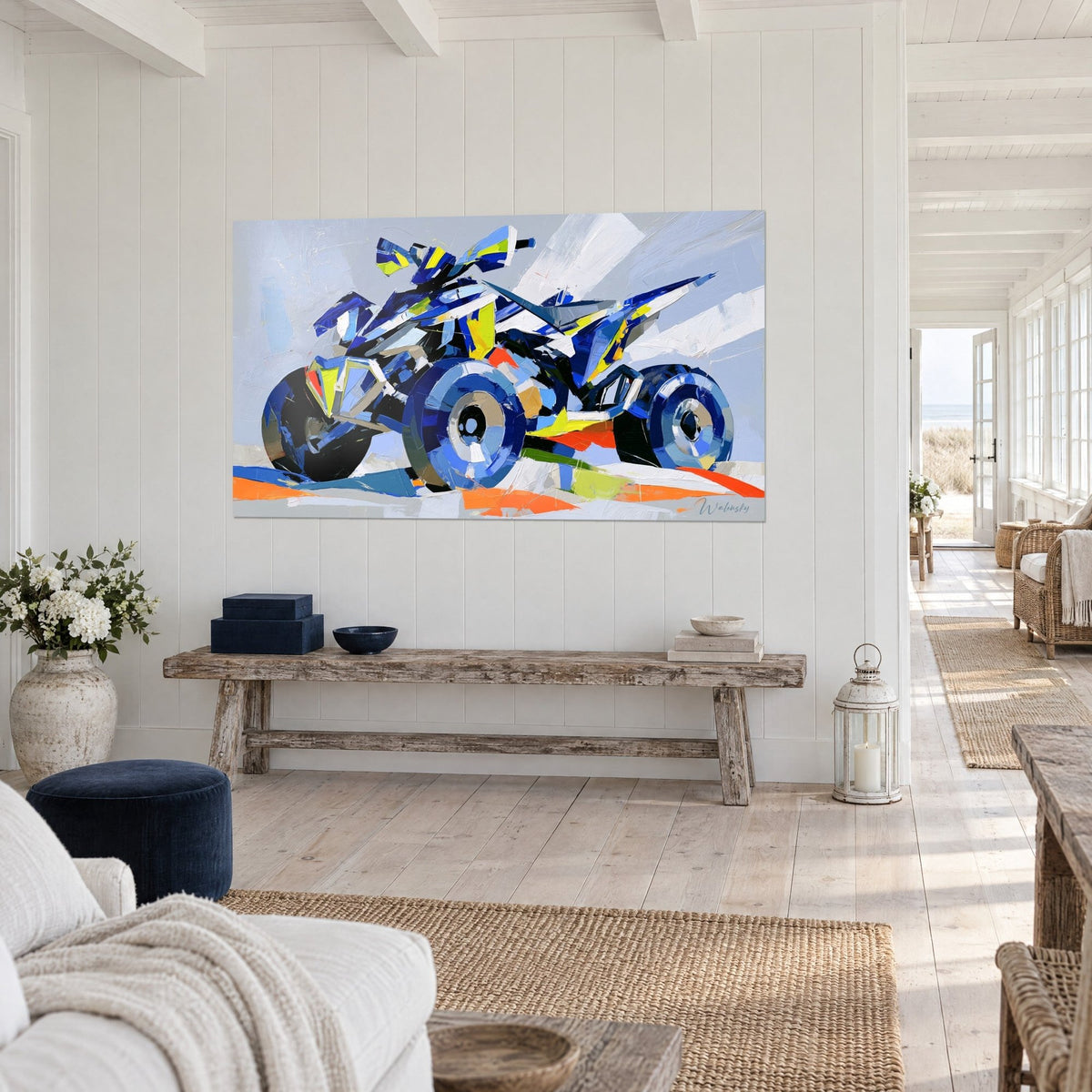 Wall art off-road vehicle in flat navy blue and ivory tones, bright orange accents, three-quarter view on a seaside wall