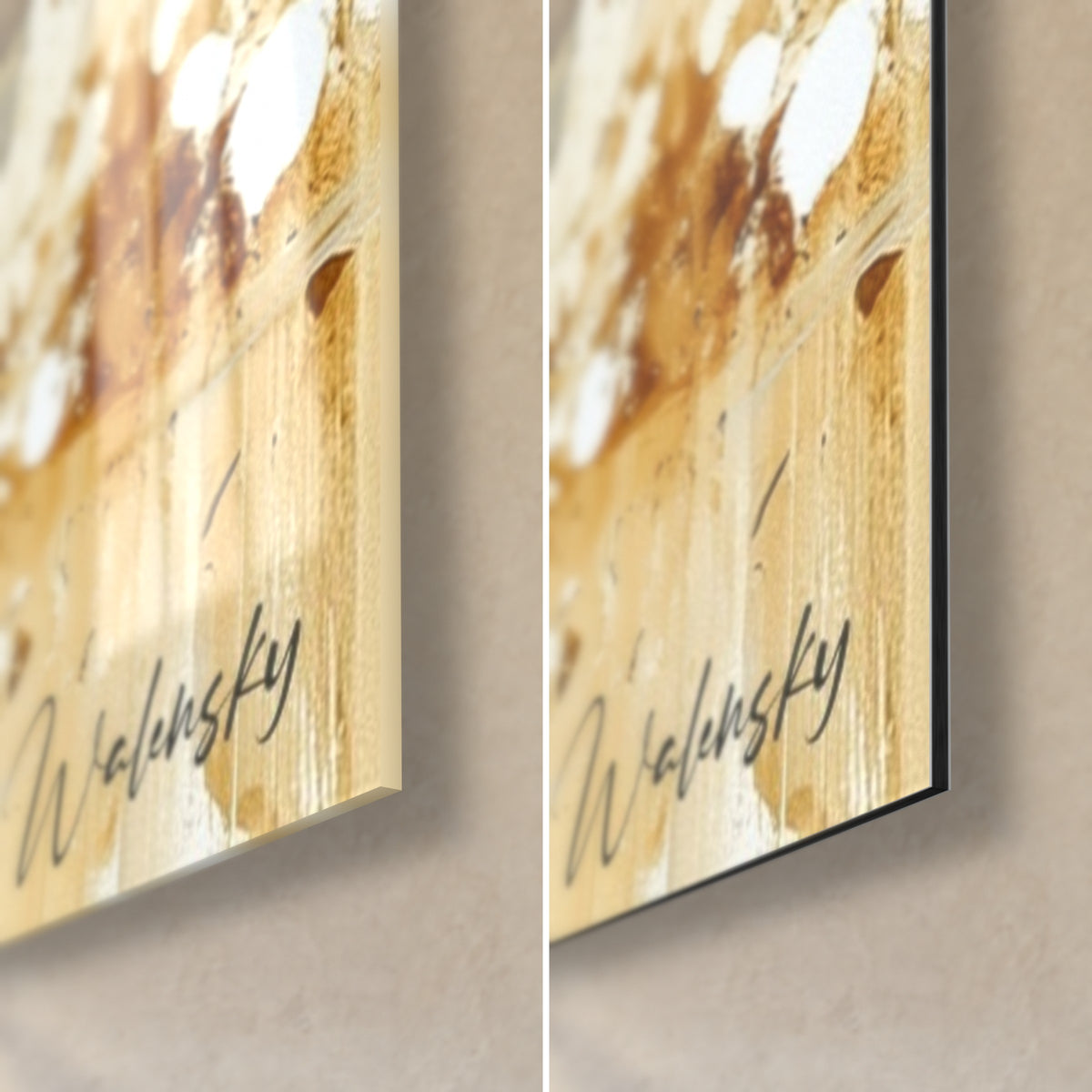 Wall art female motorcyclist on a quad bike, bottom right corner: ochre splashes on a cream background, Walensky signature, glossy glass and matte black Dibond